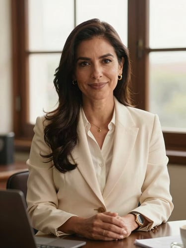 Medium-close editorial portrait of a professional consultant in an elegant Colombian office, warm window light, rich espresso and cream tones, shallow depth of field, 35mm