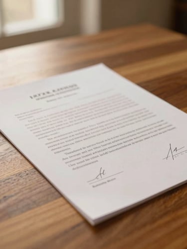 Close-up of signed legal documents on an espresso oak table, warm natural side light, shallow depth of field, 35mm