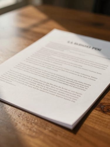Close-up of a structured printed legal document on an espresso wooden desk, warm window light casting soft shadows, 35mm photography