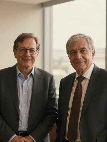 Warm editorial portrait of two senior corporate consultants in a structured Bogotá office, soft window light, rich espresso tones, shallow depth of field, 35mm