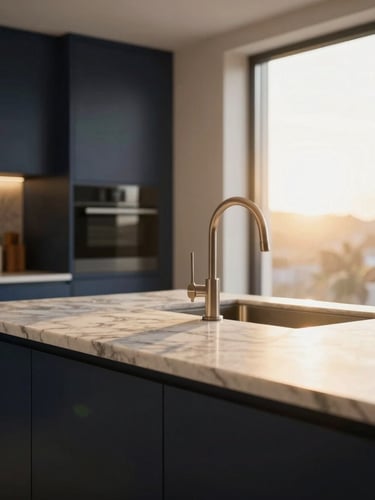 Tight shot of a modern luxury kitchen island with marble countertop, warm golden-hour light streaming from a large window, elegant architectural detail, shallow depth of field, 35mm.