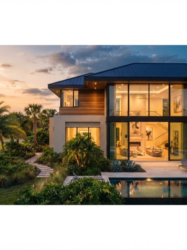 Wide-angle architectural shot of a modern luxury estate in Central Florida, bathed in warm golden-hour light through large windows, showcasing clean lines and high-end materials, with generous negative space to the left, luxury editorial photography, deep navy and champagne tones, 35mm