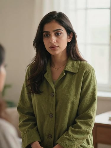 Medium-close portrait of Dr. Juweriya in a warm green coat consulting an expectant mother, soft natural window light, shallow depth of field, 35mm.