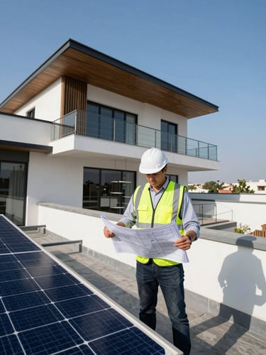 A professional solar engineer in a safety vest reviewing blueprints on a modern Islamabad villa rooftop, bright afternoon sunlight, high contrast