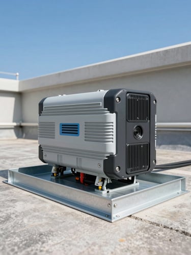 Close-up of clean, professional inverter wiring and heavy-duty mounting frames on a concrete rooftop, sharp architectural photography, crisp blue sky