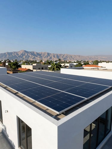 Sharp architectural photography of a modern Islamabad villa with clean solar panels integrated into the roof under bright afternoon sunlight, Margalla hills in the distance.