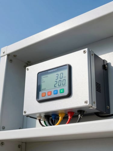 Close-up of clean solar inverter wiring and a digital power meter inside a modern utility room, bright direct sunlight, sharp architectural photography.