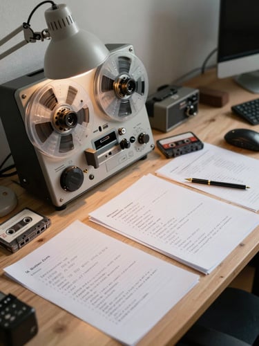 Close environmental shot of a producer's desk covered in handwritten track notes, cassette tapes, and a reel-to-reel machine, tungsten desk lamp, no person visible
