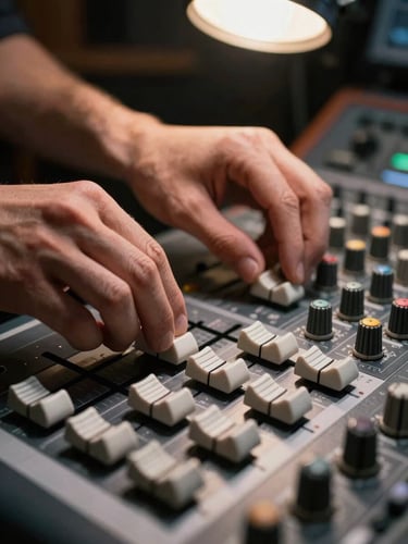 Extreme close-up of hands adjusting a mixing console fader in a dimly lit studio, tungsten overhead lamp casting hard shadows across the board, no visible face