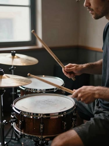 Documentary-style shot of a drummer's hands mid-strike on a snare in a basement rehearsal space, natural window light from left, motion blur on sticks