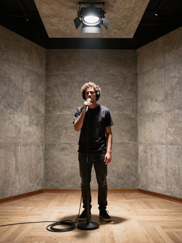 Wide shot of a vocalist standing inside a raw concrete vocal booth, single overhead work light, microphone cable coiled on floor, no styling