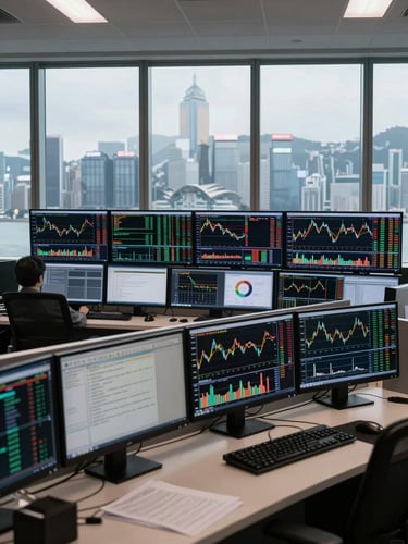 Wide environmental shot of a financial trading control room, multiple monitors displaying dense real-time data dashboards and capital flow charts, cool daylight from floor-to-ceiling windows overlooking Hong Kong's financial district, high contrast, no people visible