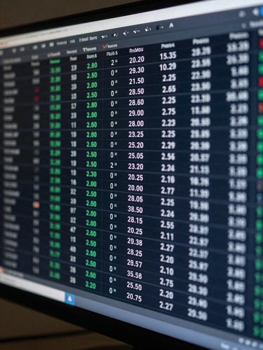 Extreme close-up of a high-resolution financial data dashboard on a monitor, rows of precision market data in cold steel-blue and white against near-black, shot under controlled studio lighting with sharp contrast, no human subjects