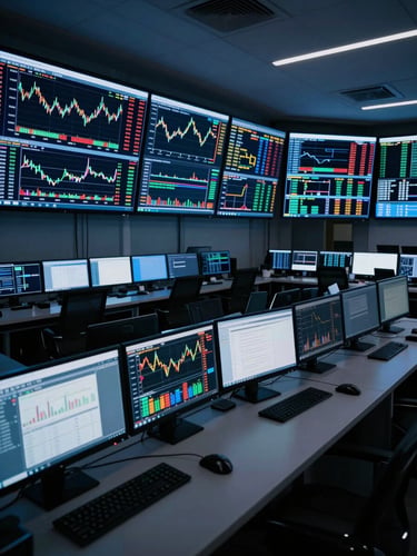 Wide-angle overhead view of a trading floor control room, multiple monitors displaying dense financial data charts and heatmaps, cool blue ambient light from screens, architectural ceiling visible above, no people present