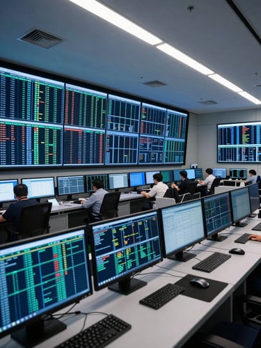 Wide panoramic view of a financial technology control room in Hong Kong, multiple large monitors displaying dense data grids and system architecture diagrams, cold blue-white overhead lighting casting sharp contrast, low horizon viewpoint emphasizing the scale of the infrastructure, no people visible