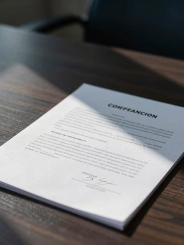 Close-up of signed legal documents on a dark wood desk, architectural shadows, professional corporate interior lighting, sober and highly institutional, sharp focus