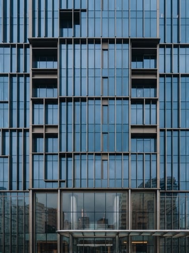 Sober architectural photography of a modern high-end corporate building facade in São Paulo, soft natural light, deep corporate blue tones, sharp focus, 35mm