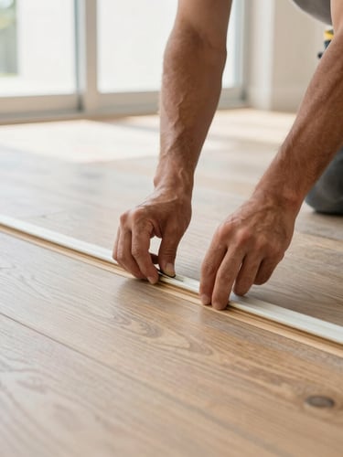 Crisp architectural close-up of a flooring crew member's hands installing precision transition strips, bright natural Florida daylight, low-angle floor-level shot.