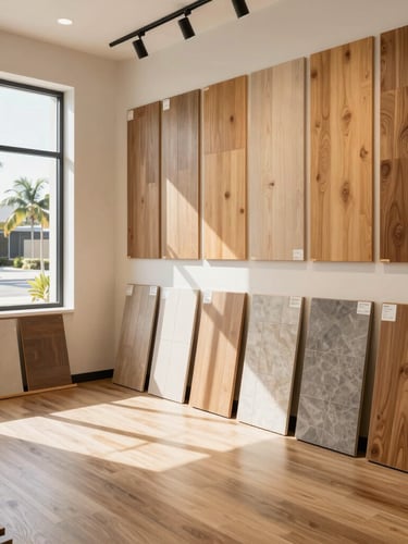 Interior shot of a modern, organized flooring showroom on Atlantic Boulevard, showcasing various hardwood, tile, and luxury vinyl samples, bright natural Florida daylight streaming through windows, clean architectural photography, warm oak and neutral tones, sharp detail, 35mm lens