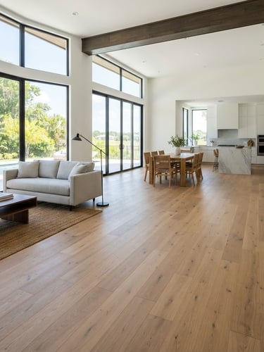 Wide shot of a newly installed, flawless hardwood floor in a modern, sunlit Jacksonville home, clean architectural photography, bright natural window light, warm oak tones, sharp detail, 35mm lens