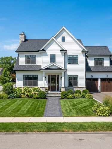 Crisp commercial photography of a pristine suburban house with clean white siding and a spotless dark gray shingle roof, bright midday sunlight, sharp focus