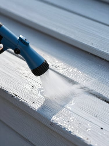 Macro close-up of a pressure washing nozzle spraying clean water onto weathered wood siding, revealing bright clean surface underneath, crisp focus, midday light