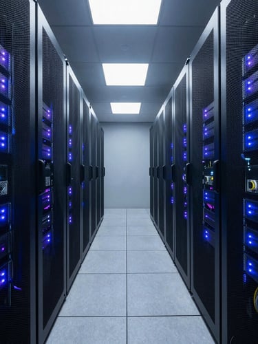 Symmetrical wide angle shot of a high-end enterprise data center corridor, clean server racks with cool-toned blue and violet LED indicator lights, pristine cable management, low-key dramatic lighting.