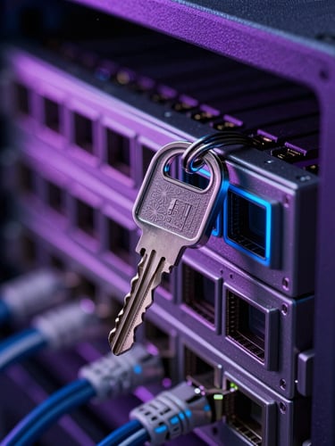 A precise macro shot of a physical security key inserted into a high-end server blade, low-key dramatic studio lighting with cool-toned violet and deep blue rim lights, clean structured cable management visible in the soft-focus background.