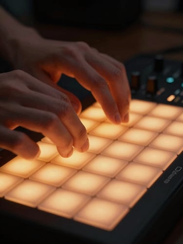 Extreme close-up of hands hitting MPC pads in a low-light home studio, glowing orange LED screen, moody lighting, high contrast.