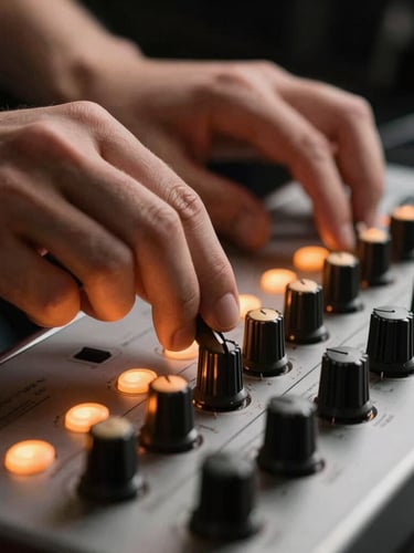 Extreme close-up of hands adjusting the decay knob on a vintage drum machine, glowing orange LEDs illuminating a dusty metal faceplate, dark moody studio background.
