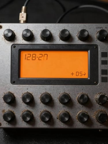 Top-down view of a classic 12-bit sampler interface, dusty grey metal, orange LCD screen glowing in a dark room, cables patched.