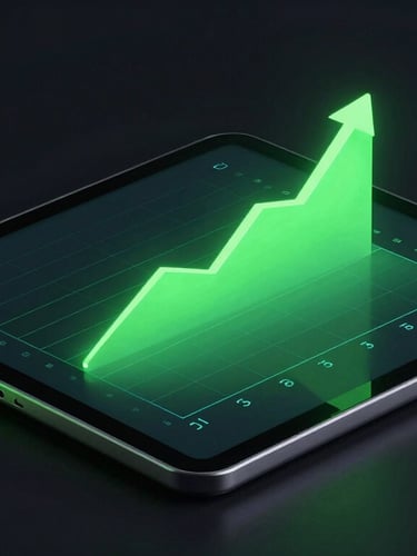 Sleek 3D digital render of a tablet displaying growth charts, neon green glow on dark background, isometric view, studio lighting