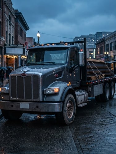 A professional flatbed commercial truck parked on a wet Tacoma streetscape during cool Pacific Northwest twilight, sharp focus, 35mm lens.