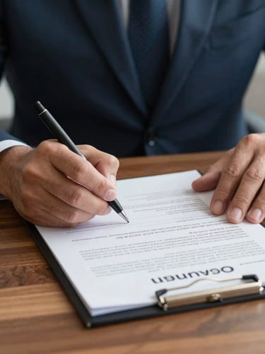 Close-up of hands signing official Washington state insurance documents on a wooden desk, warm interior office lighting, professional and authentic