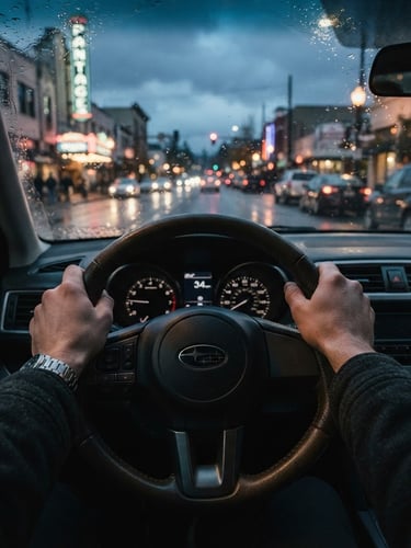 Close-up of hands on a leather steering wheel, driving through wet Tacoma streets at dusk, city lights reflecting on the windshield, cool Pacific Northwest tones, 35mm lens.