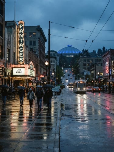 Authentic editorial photography of Tacoma streetscape at dusk, wet-weather Pacific Northwest overcast lighting, deep blues, sharp focus, 35mm lens.