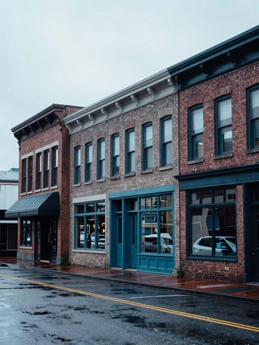 Authentic streetscape of Commerce Street in Tacoma during a wet Pacific Northwest afternoon, historic brick buildings, realistic overcast daylight, 35mm lens