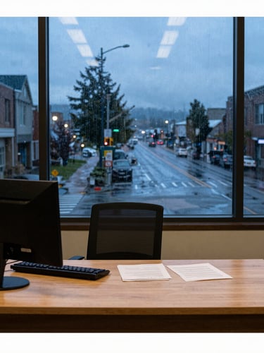 Authentic editorial photography of a professional office desk in Tacoma, warm interior lighting contrasting with wet-weather Pacific Northwest overcast street visible through the window, sharp focus, 35mm lens.