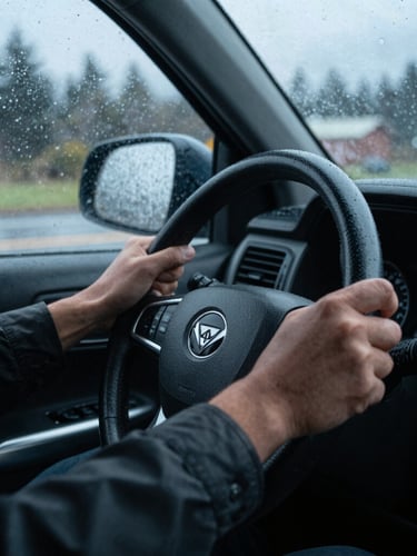 Close-up of hands securely gripping a steering wheel, driving on a rainy Tacoma street, cool Pacific Northwest overcast daylight, sharp focus, 35mm lens