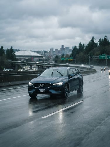 A clean modern car driving on a wet Tacoma highway during cool Pacific Northwest overcast daylight, sharp focus, 35mm lens