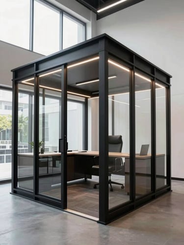 Symmetrical architectural wide angle of a premium private office cabin at Biznex Studios, featuring matte black steel frames, clean LED strip lighting, and sunlit windows.
