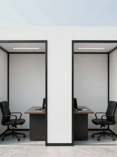 Symmetrical wide-angle architectural shot of a minimalist private office cabin, clean white walls, matte black steel frames, bright cool daylight, premium leather chairs.