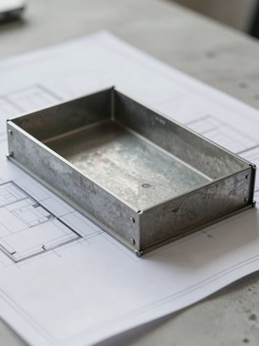Close-up of structured architectural blueprint on a concrete desk, cool overcast daylight, desaturated steel and concrete tones, sharp focus, 35mm lens