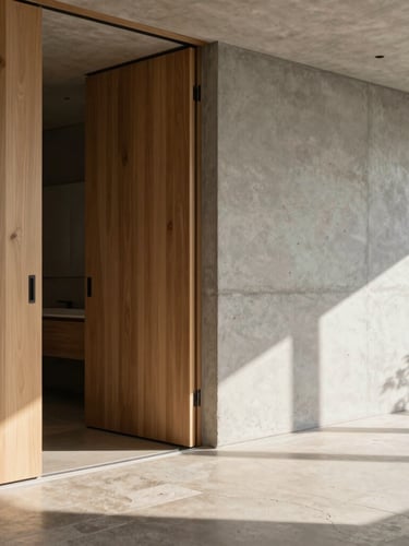Close-up of modern interior living room, sliding wooden panels, raw concrete wall, natural stone floor, soft sunlight casting long shadows, sophisticated design