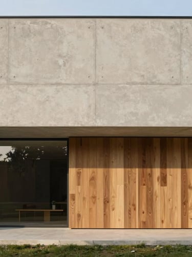 Wide architectural shot of a minimalist luxury house facade, warm natural light, concrete and wood textures, clean lines, serene atmosphere, Hasselblad 80mm
