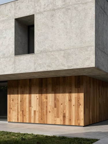 Geometric facade of Casa 35, dramatic concrete overhangs, sharp shadows, minimalist landscaping