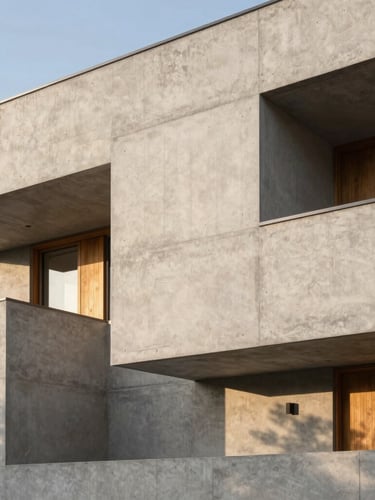 Minimalist concrete residential building facade with sharp linear shadows, warm wood accents under soft afternoon daylight, architectural photography