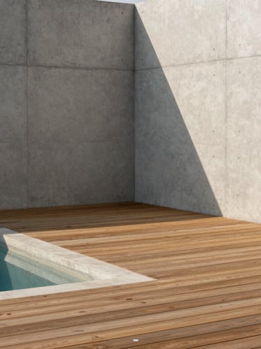 Minimalist private pool deck with warm wood planks, concrete walls, soft afternoon shadows, architectural details
