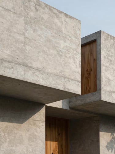 Minimalist architectural photography of Casa 35, raw concrete cantilever structures, sharp geometric shadows, soft natural daylight, Hasselblad 80mm