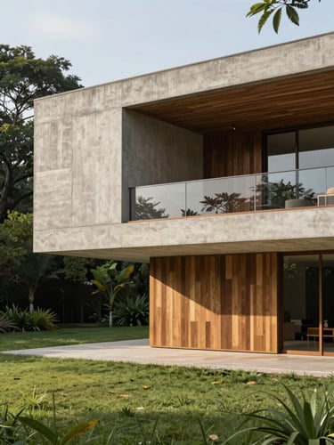 Architectural shot of Chácara Bernadette, modern concrete structure integrated with lush green landscape, daylight